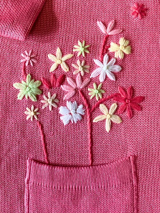 Coral Pink Embroidered Knit Cardigan Jacket, Medium, Penman's,Grandmacore - Picture 2 of 7